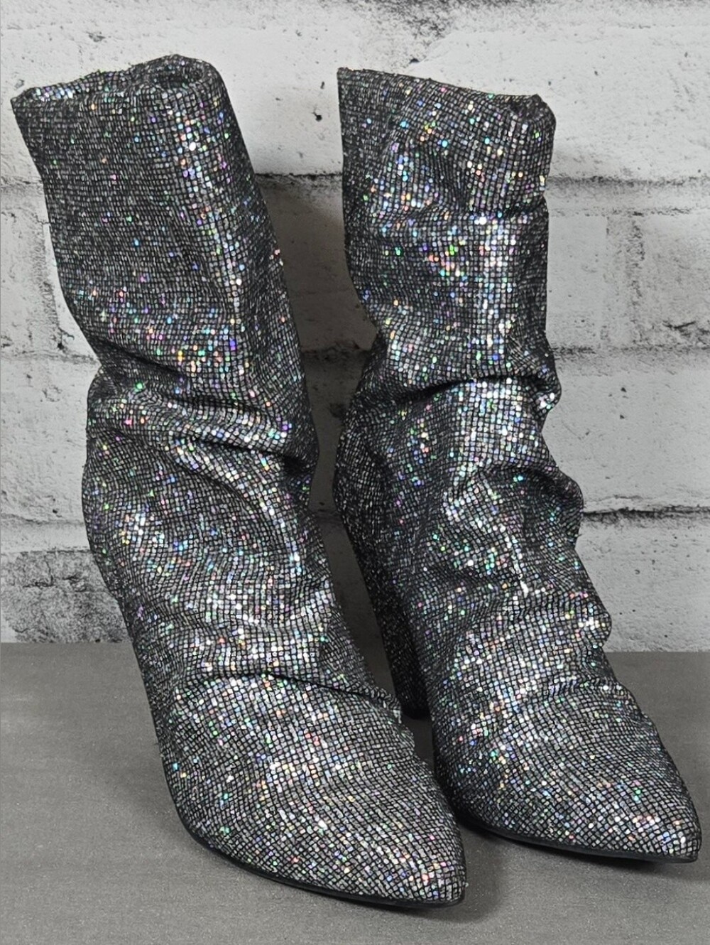 Ardene Silver Holographic Glitter Slouch Boots Pointed Toe Size 8